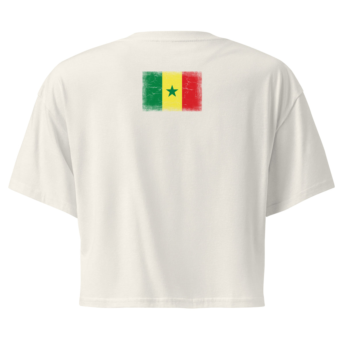 Senegal flag crop top in Ecru, vintage-washed print, flag across the upper back, women cut, back view