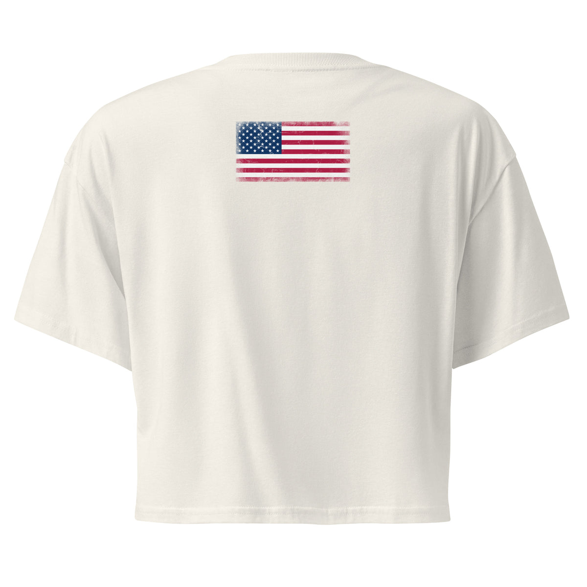 USA flag crop top in Ecru, vintage-washed print, flag across the upper back, women cut, back view
