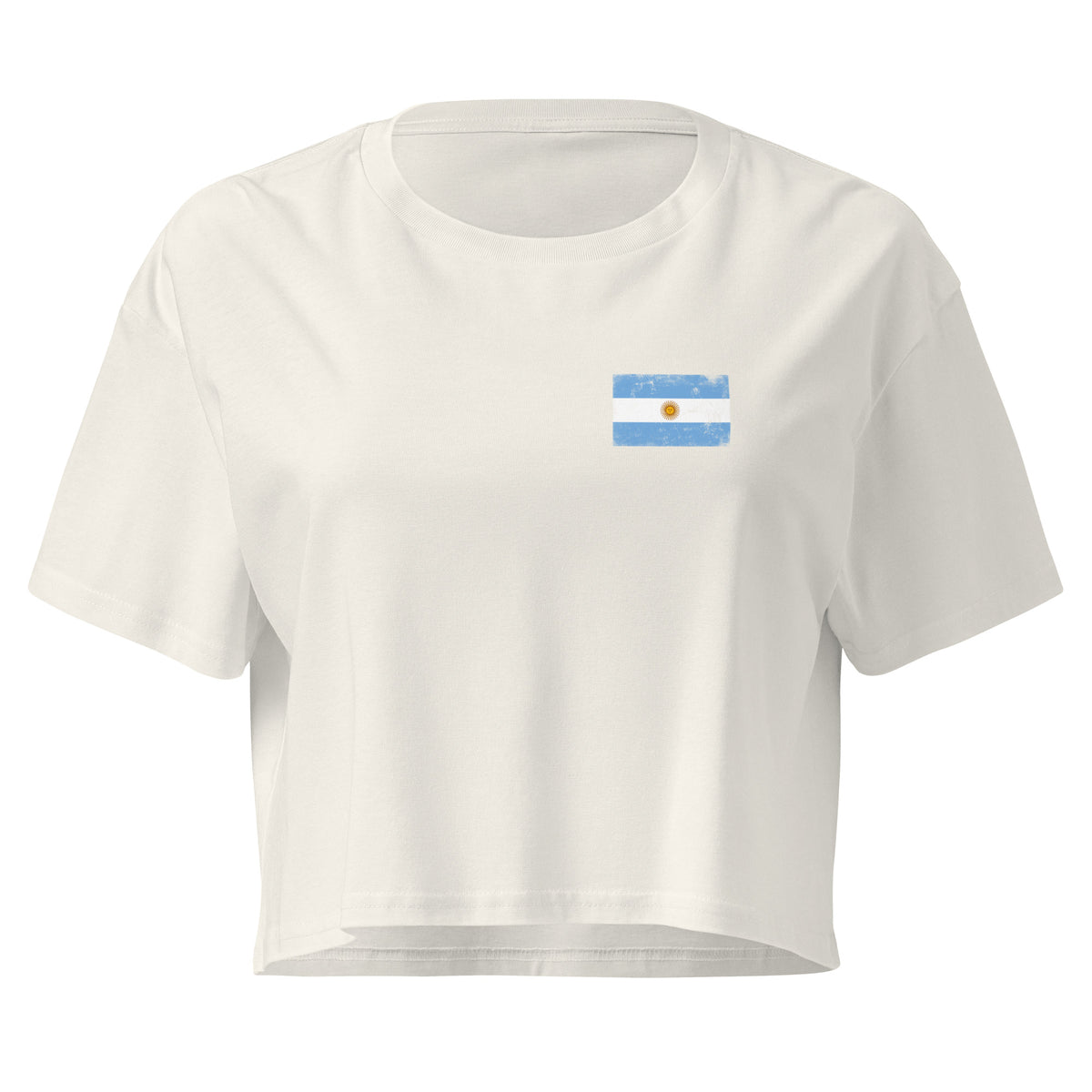 Argentina flag crop top in Ecru, vintage-washed print, small flag on the left chest, women cut, front view