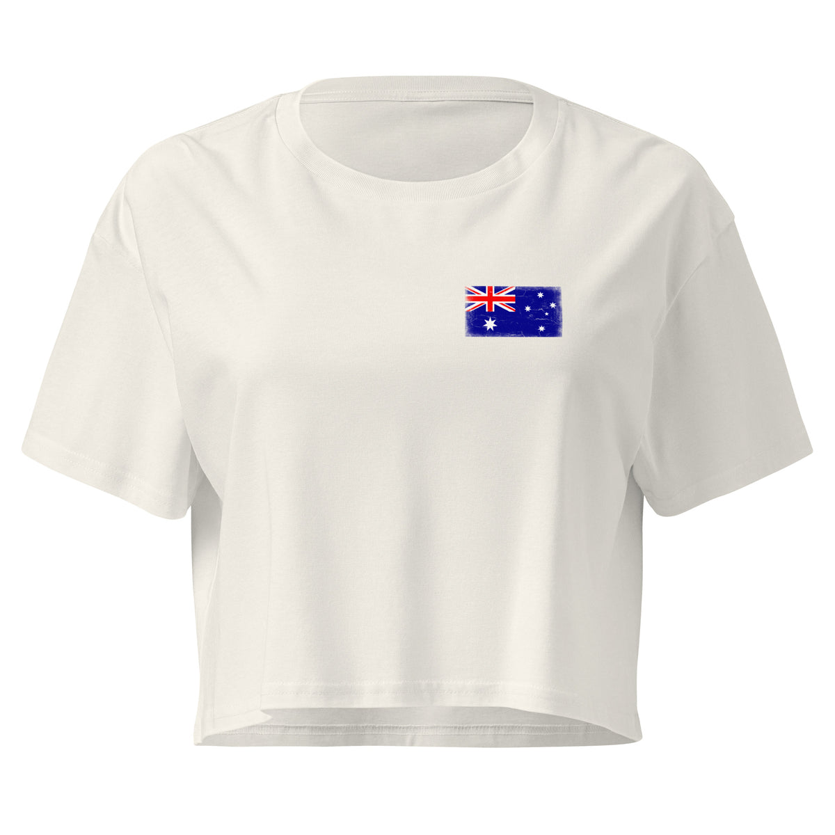 Australia flag crop top in Ecru, vintage-washed print, small flag on the left chest, women cut, front view