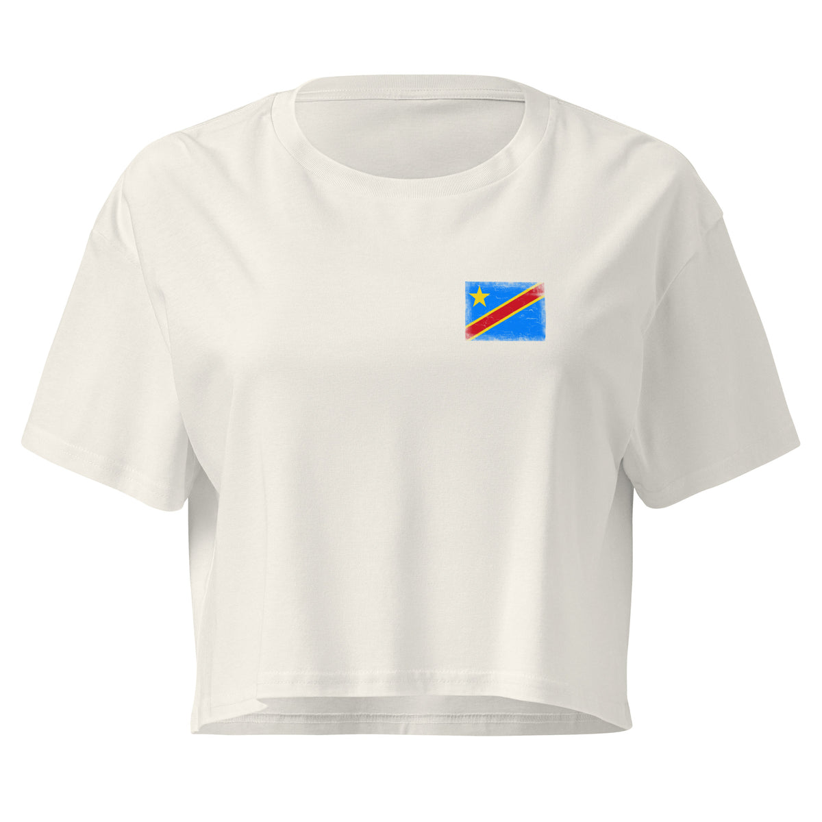 Congo flag crop top in Ecru, vintage-washed print, small flag on the left chest, women cut, front view