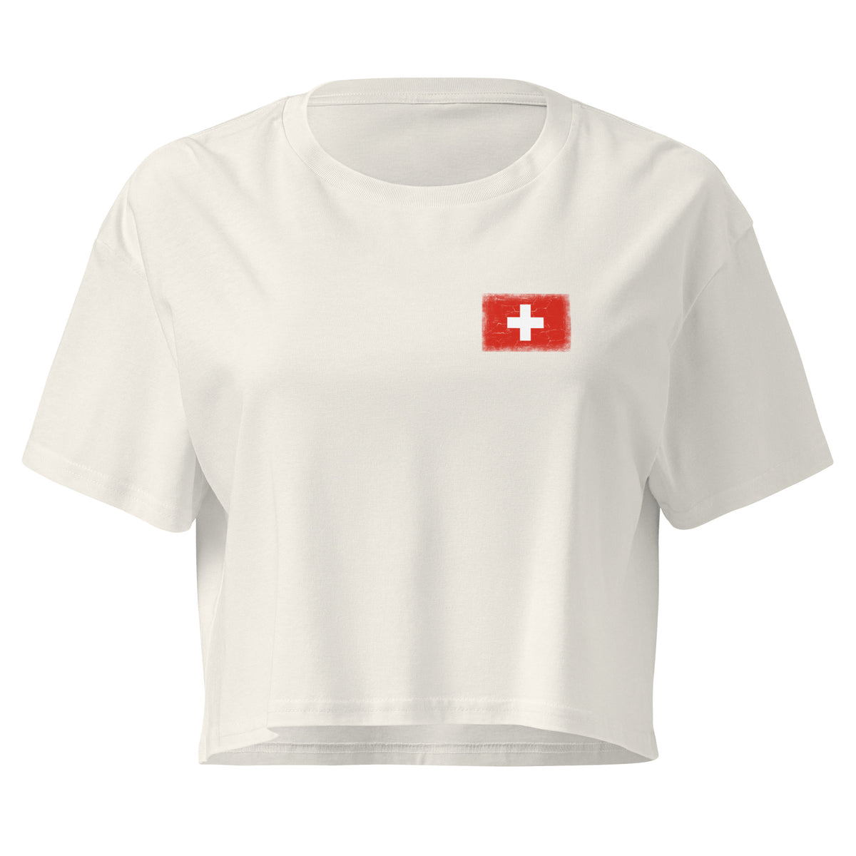 Switzerland flag crop top in Ecru, vintage-washed print, small flag on the left chest, women cut, front view