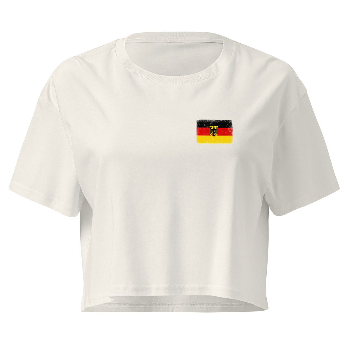 Germany flag crop top in Ecru, vintage-washed print, small flag on the left chest, women cut, front view