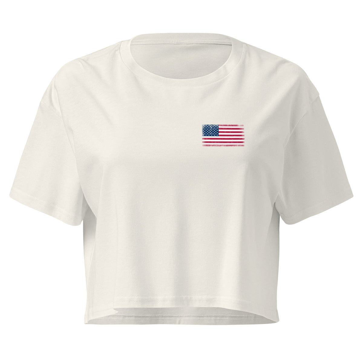 USA flag crop top in Ecru, vintage-washed print, small flag on the left chest, women cut, front view