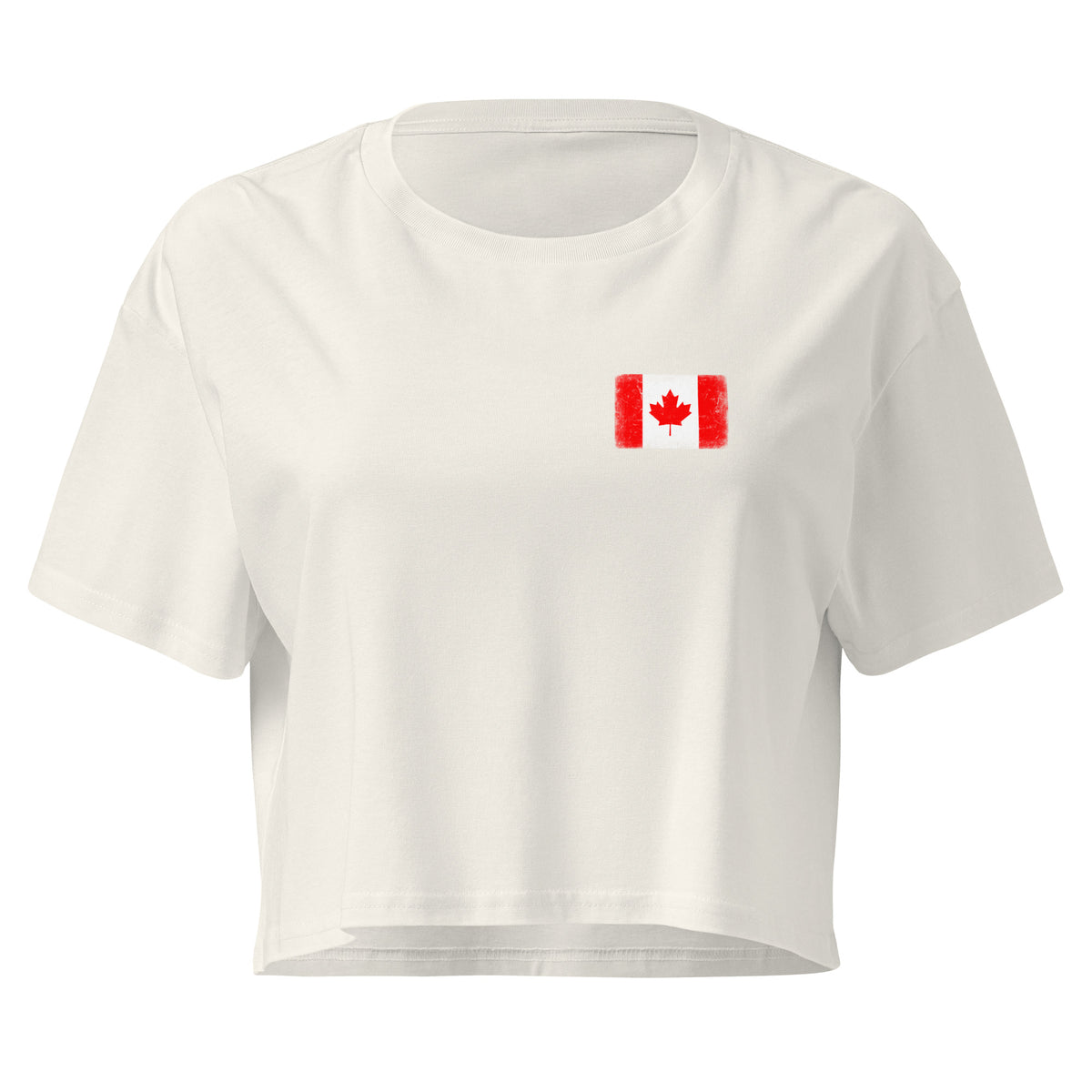 Canada flag crop top in Ecru, vintage-washed print, small flag on the left chest, women cut, front view
