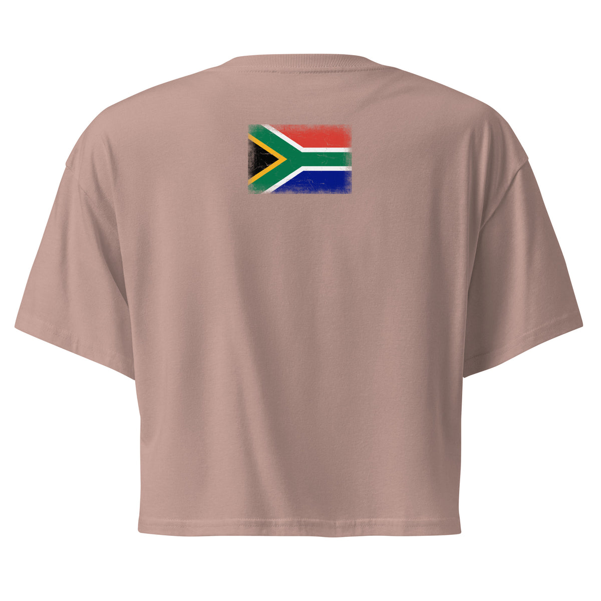 South Africa flag crop top in Hazy Pink, vintage-washed print, flag across the upper back, women cut, back view