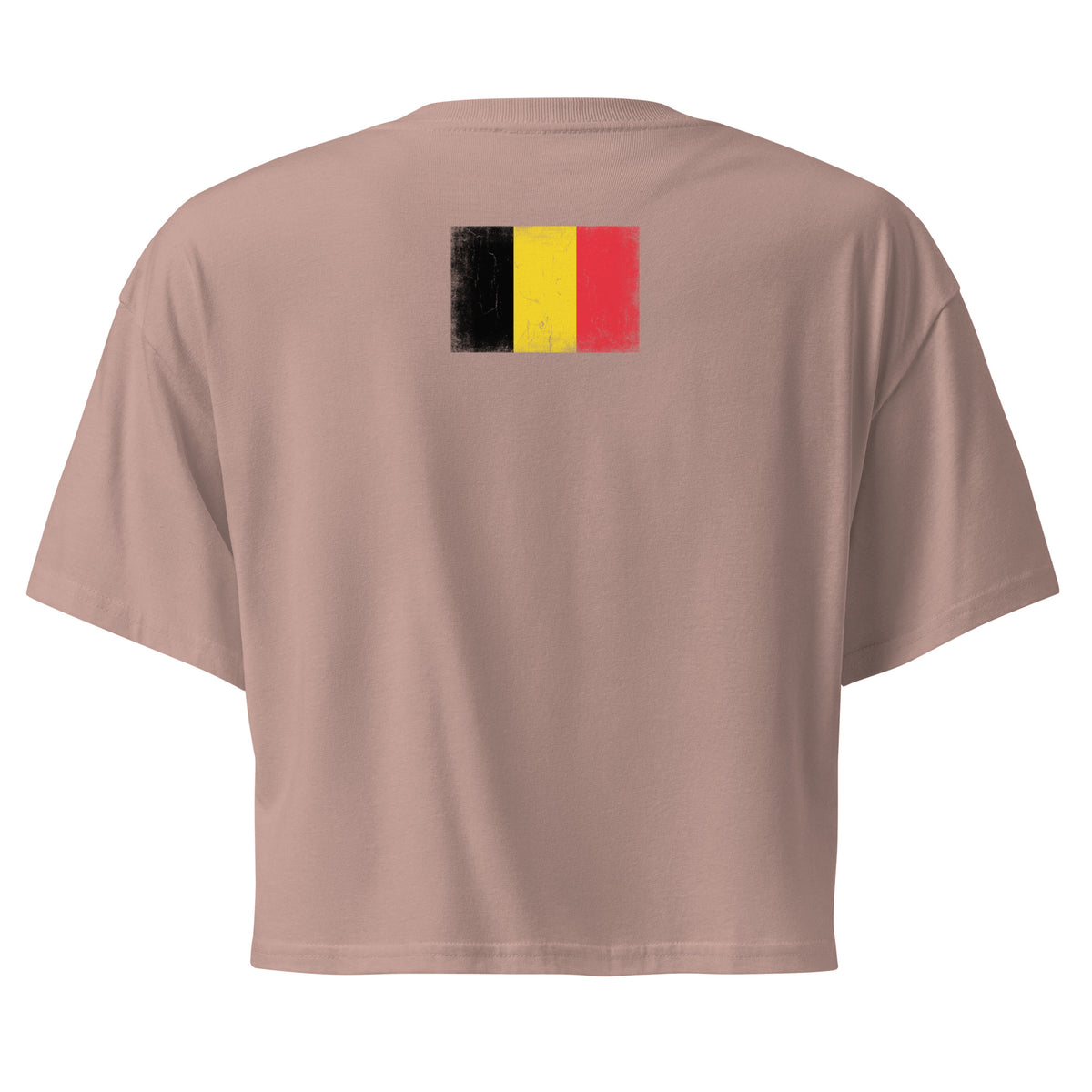 Belgium flag crop top in Hazy Pink, vintage-washed print, flag across the upper back, women cut, back view