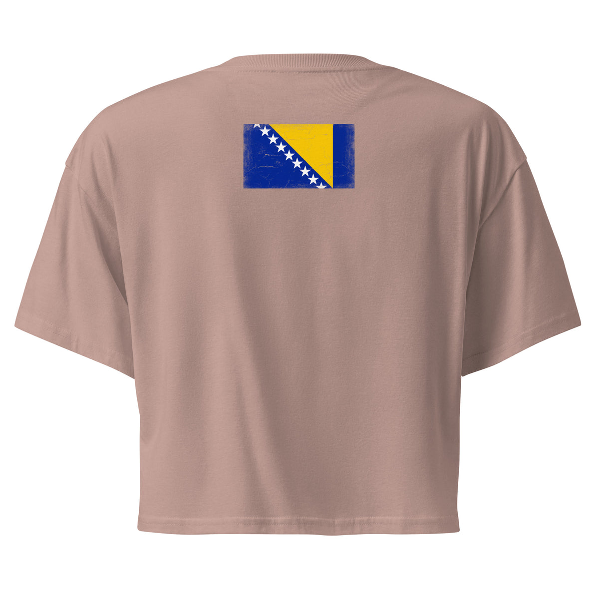 Bosnia and Herzegovina flag crop top in Hazy Pink, vintage-washed print, flag across the upper back, women cut, back view