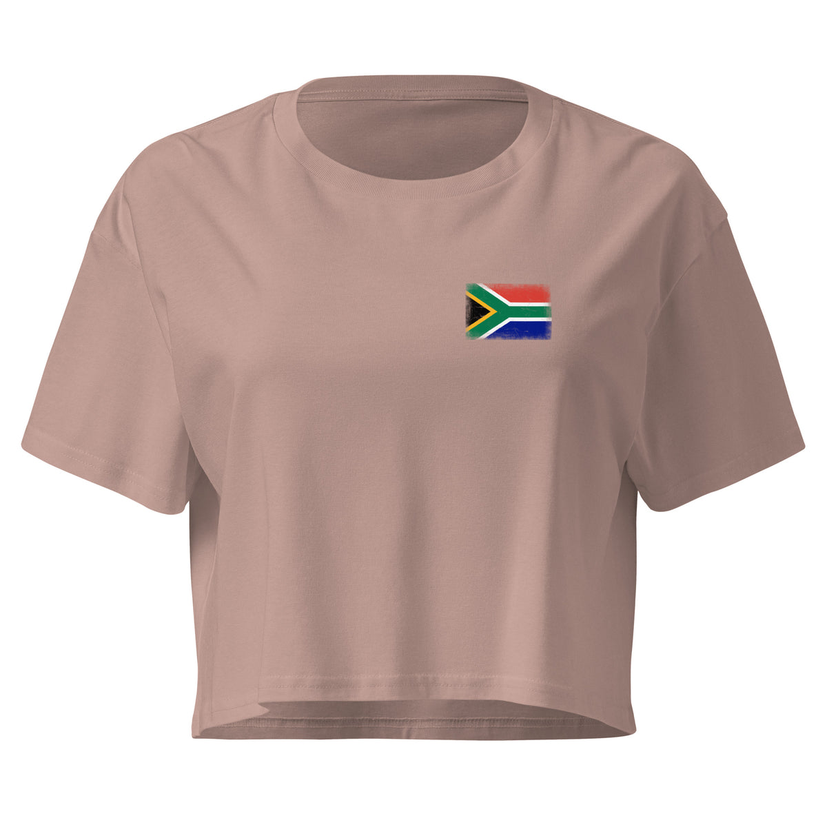 South Africa flag crop top in Hazy Pink, vintage-washed print, small flag on the left chest, women cut, front view