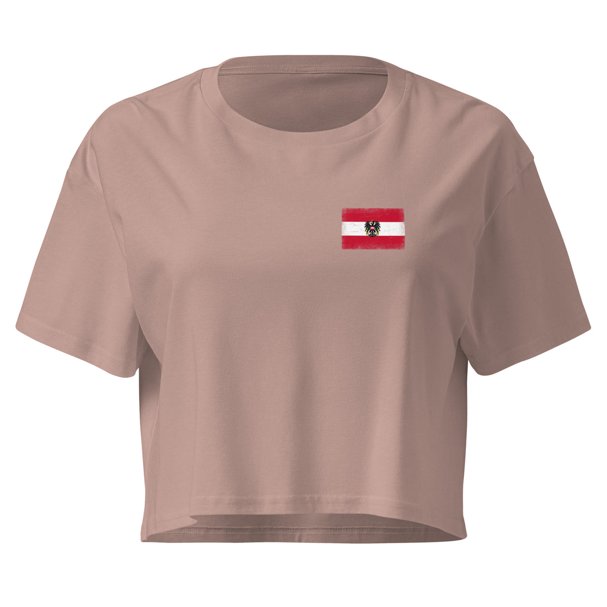 Austria flag crop top in Hazy Pink, vintage-washed print, small flag on the left chest, women cut, front view