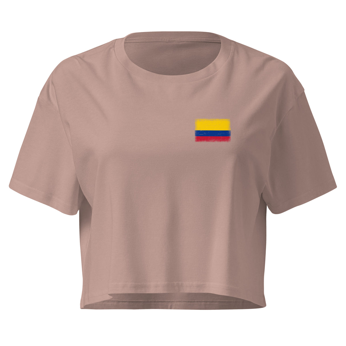 Colombia flag crop top in Hazy Pink, vintage-washed print, small flag on the left chest, women cut, front view