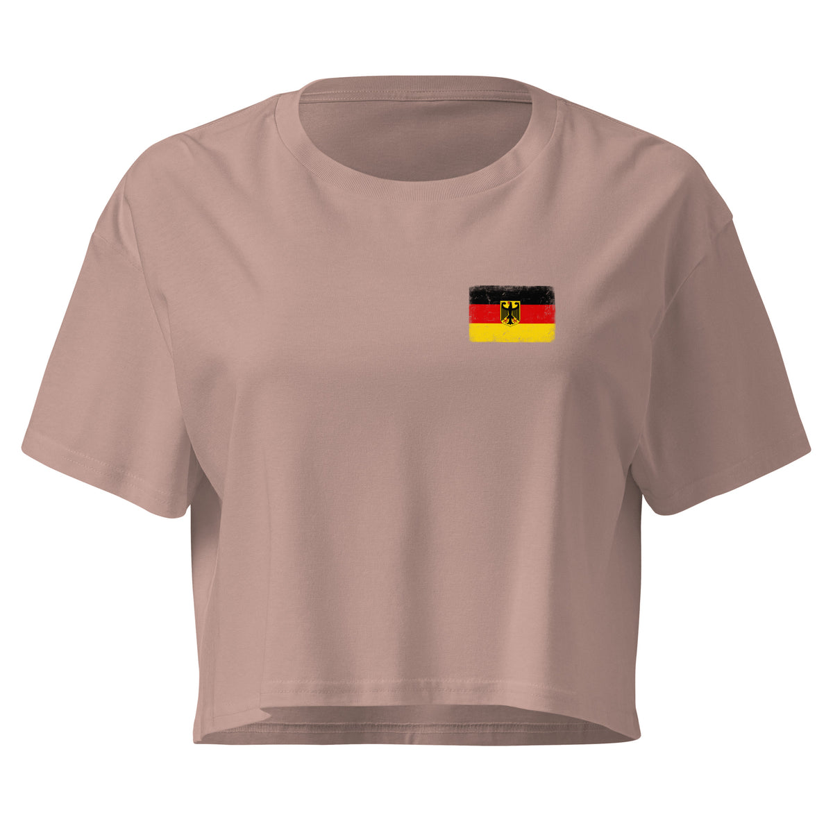Germany flag crop top in Hazy Pink, vintage-washed print, small flag on the left chest, women cut, front view