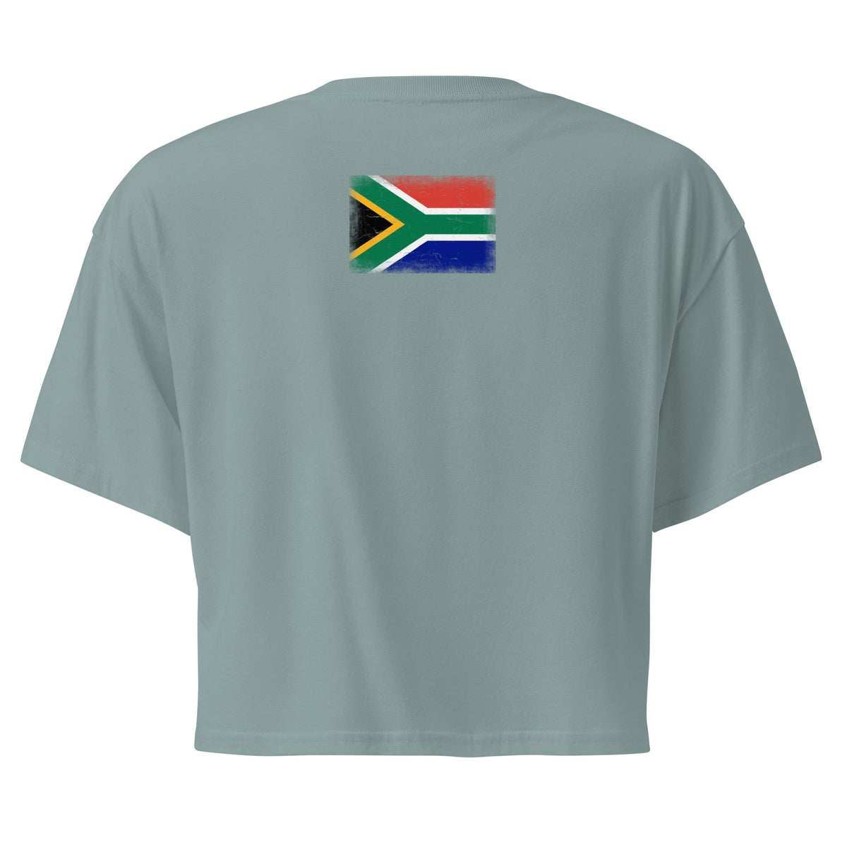 South Africa flag crop top in Mineral, vintage-washed print, flag across the upper back, women cut, back view