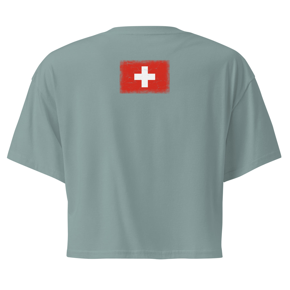 Switzerland flag crop top in Mineral, vintage-washed print, flag across the upper back, women cut, back view