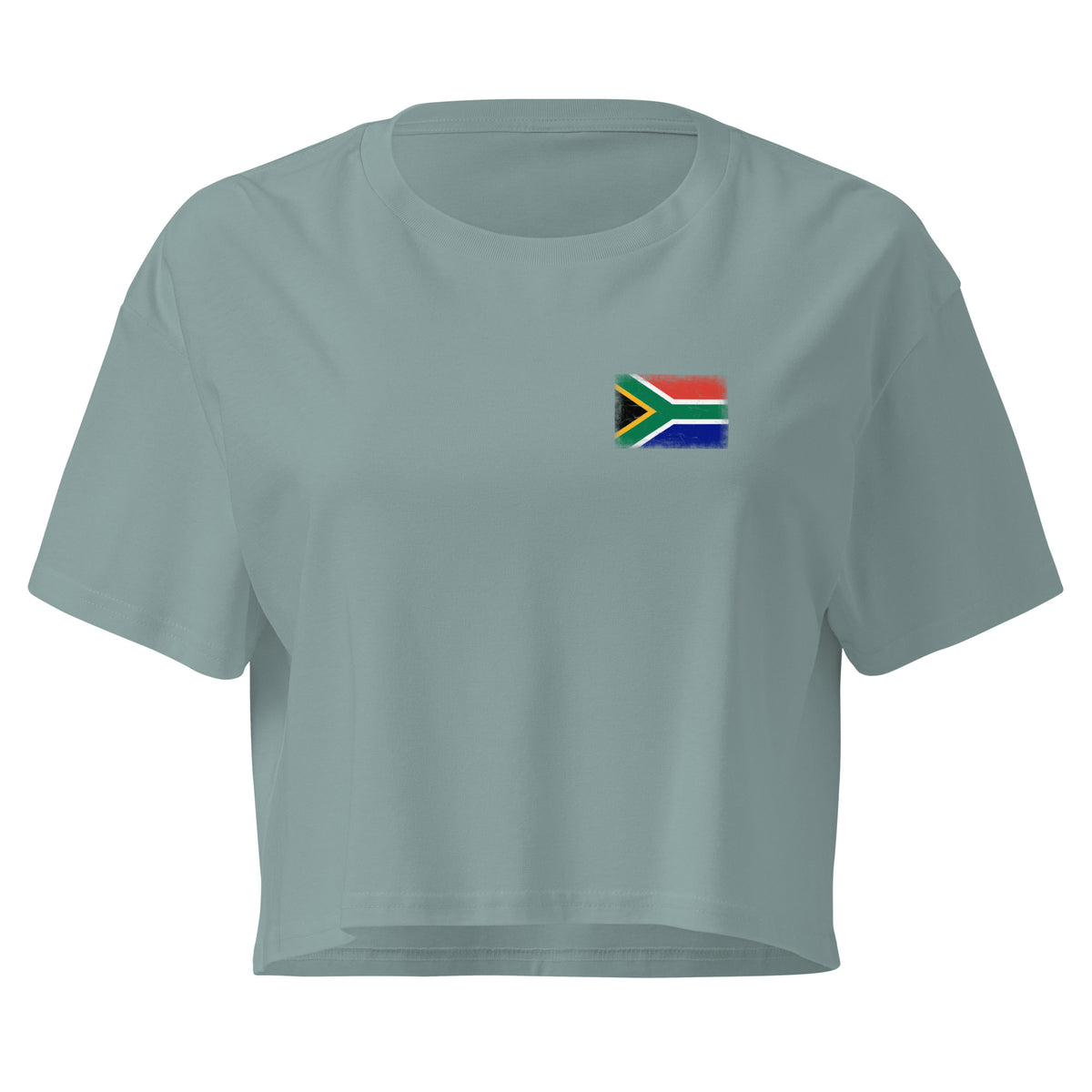 South Africa flag crop top in Mineral, vintage-washed print, small flag on the left chest, women cut, front view