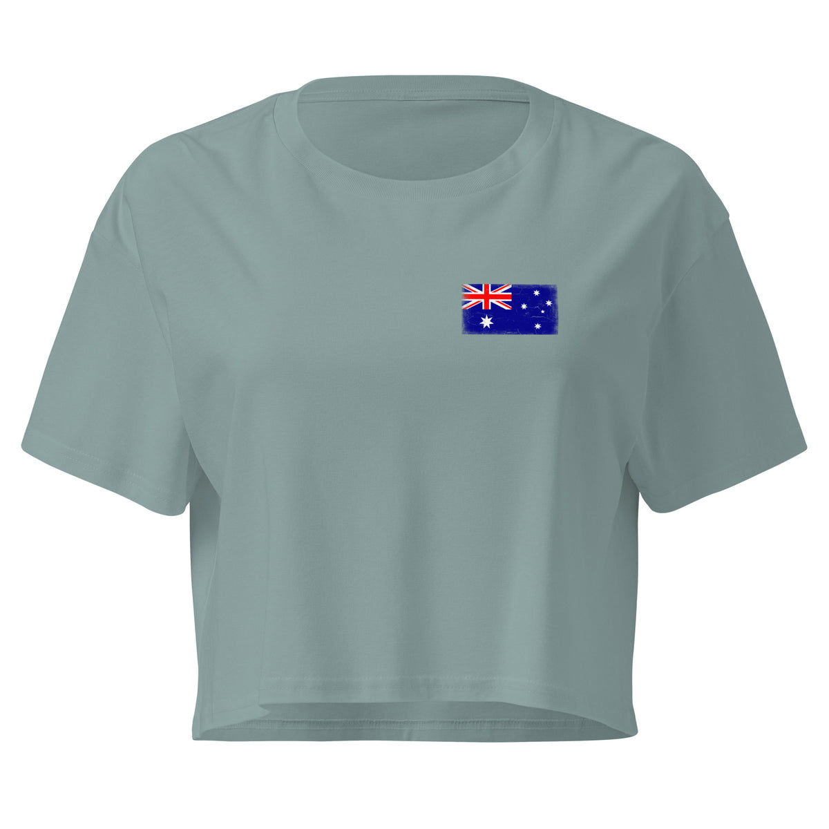 Australia flag crop top in Mineral, vintage-washed print, small flag on the left chest, women cut, front view
