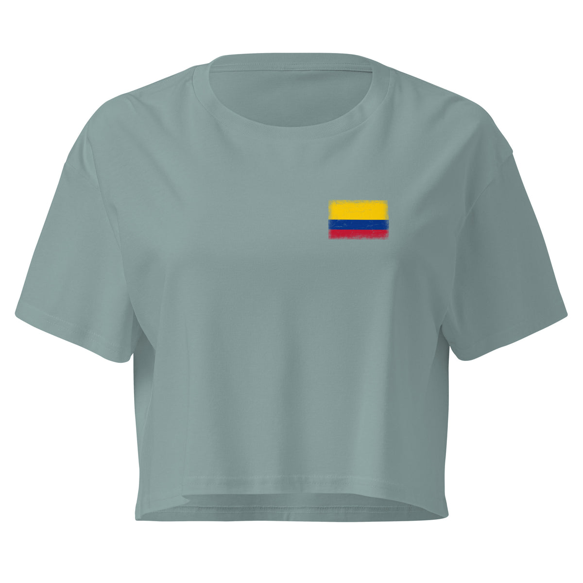 Colombia flag crop top in Mineral, vintage-washed print, small flag on the left chest, women cut, front view