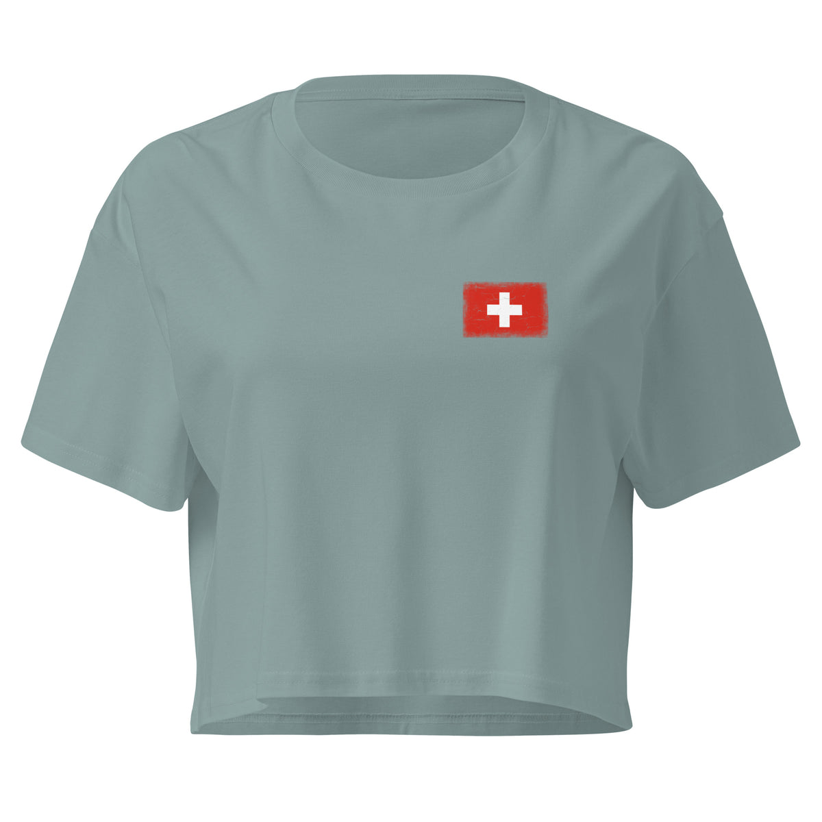 Switzerland flag crop top in Mineral, vintage-washed print, small flag on the left chest, women cut, front view