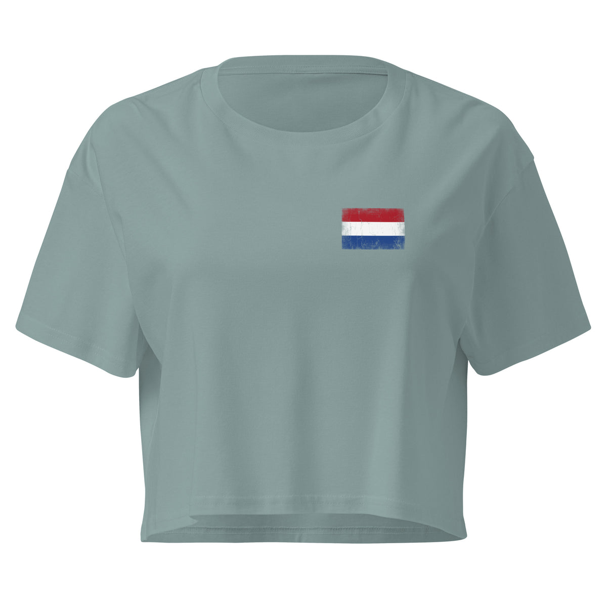 Netherlands flag crop top in Mineral, vintage-washed print, small flag on the left chest, women cut, front view