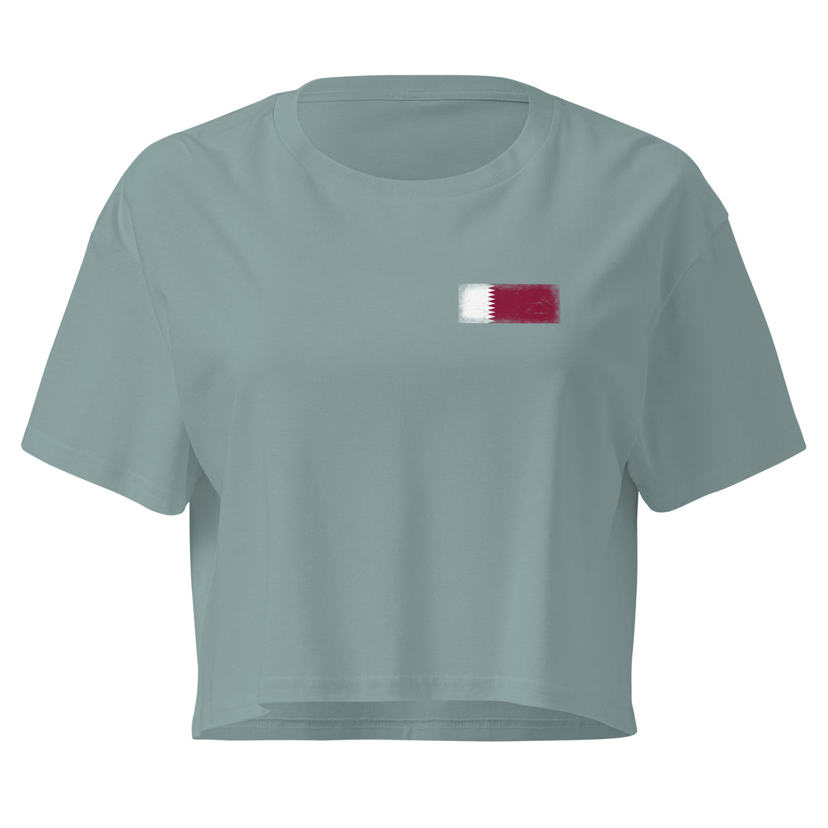 Qatar flag crop top in Mineral, vintage-washed print, small flag on the left chest, women cut, front view
