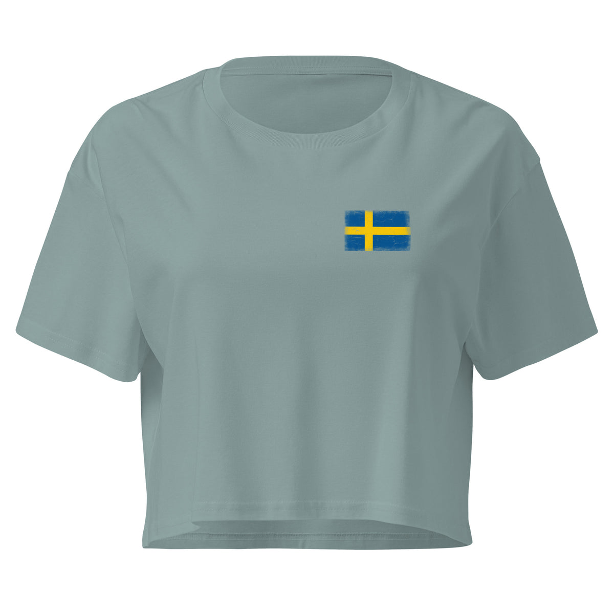 Sweden flag crop top in Mineral, vintage-washed print, small flag on the left chest, women cut, front view