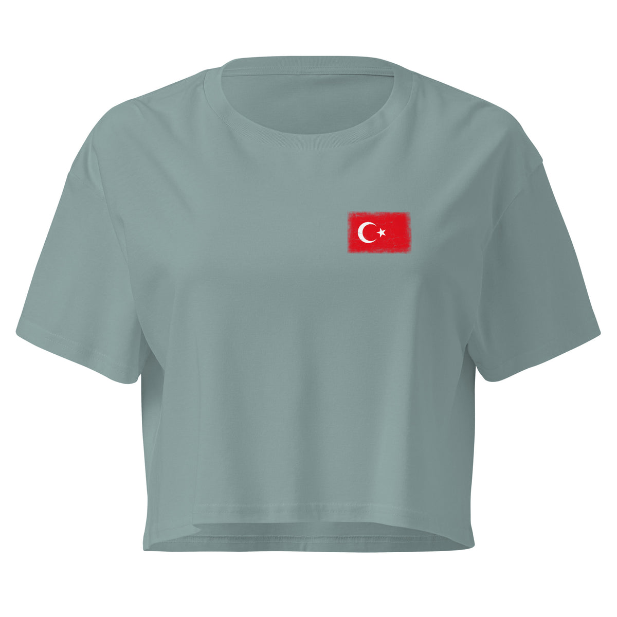 Turkey flag crop top in Mineral, vintage-washed print, small flag on the left chest, women cut, front view