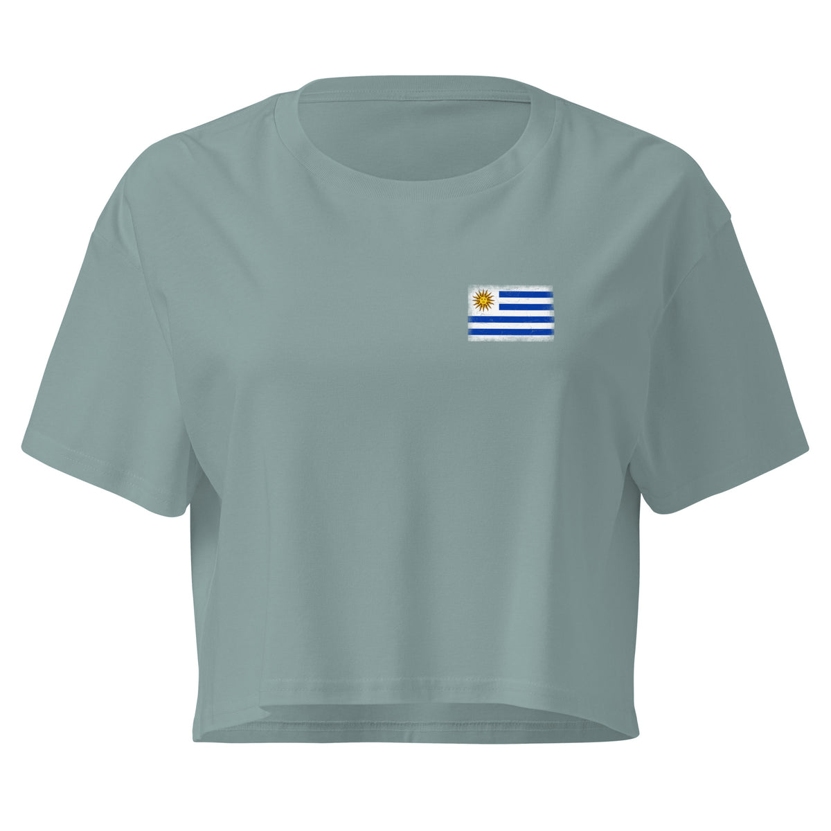 Uruguay flag crop top in Mineral, vintage-washed print, small flag on the left chest, women cut, front view