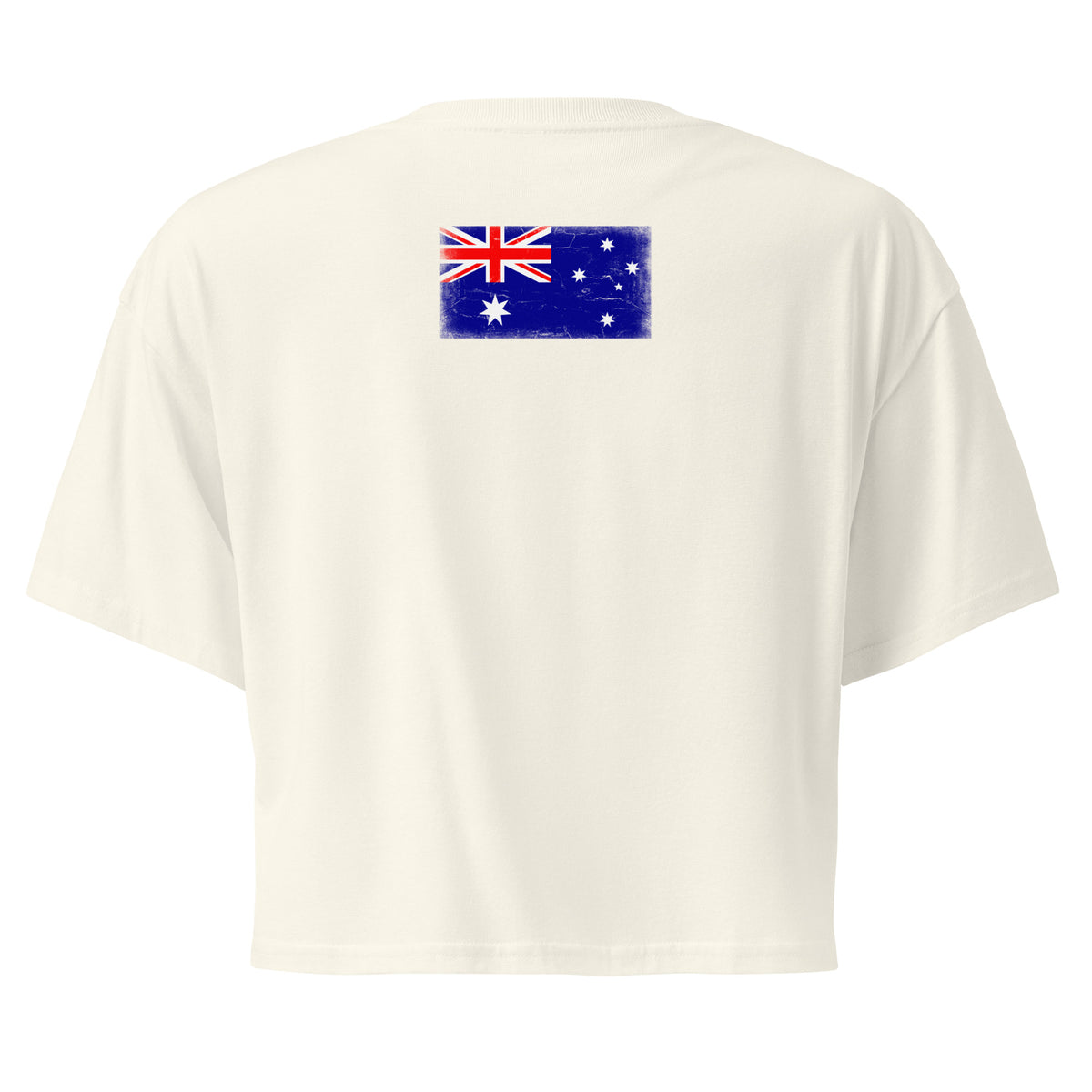 Australia flag crop top in Natural, vintage-washed print, flag across the upper back, women cut, back view