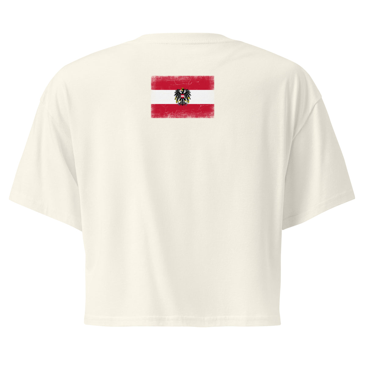 Austria flag crop top in Natural, vintage-washed print, flag across the upper back, women cut, back view