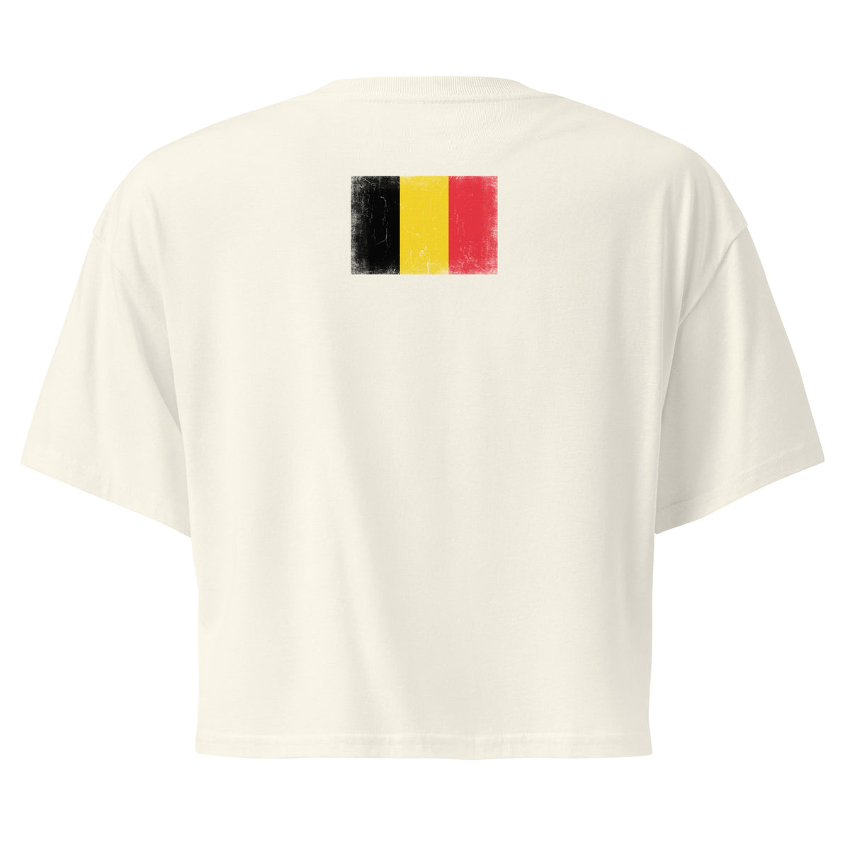 Belgium flag crop top in Natural, vintage-washed print, flag across the upper back, women cut, back view