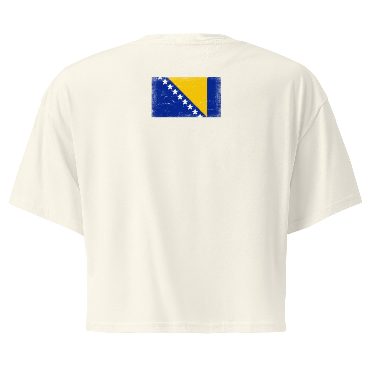 Bosnia and Herzegovina flag crop top in Natural, vintage-washed print, flag across the upper back, women cut, back view