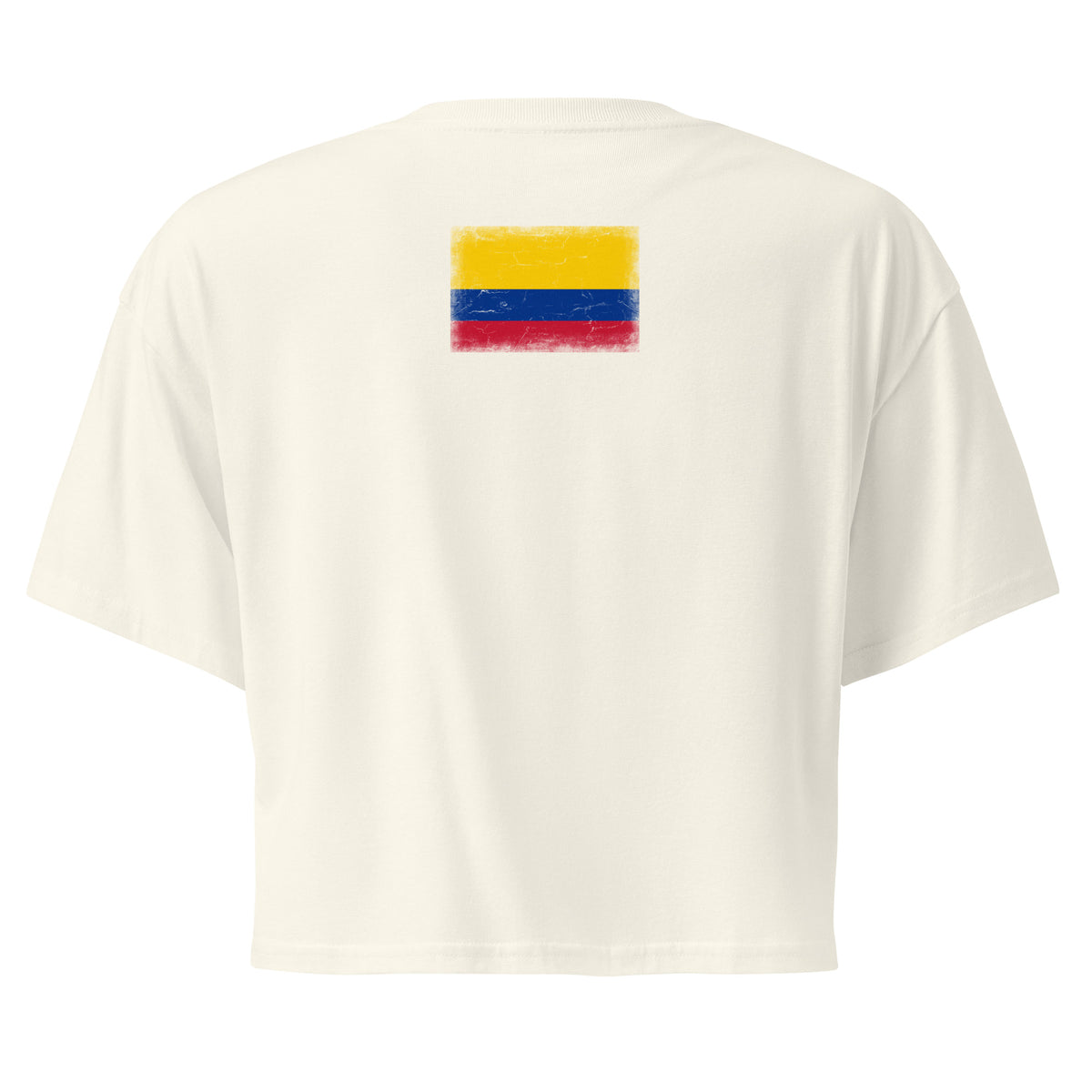 Colombia flag crop top in Natural, vintage-washed print, flag across the upper back, women cut, back view