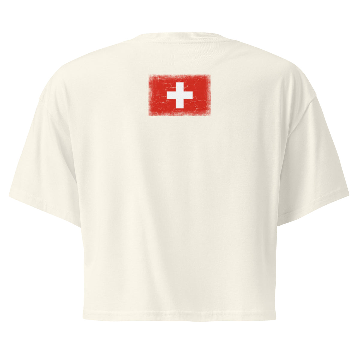 Switzerland flag crop top in Natural, vintage-washed print, flag across the upper back, women cut, back view
