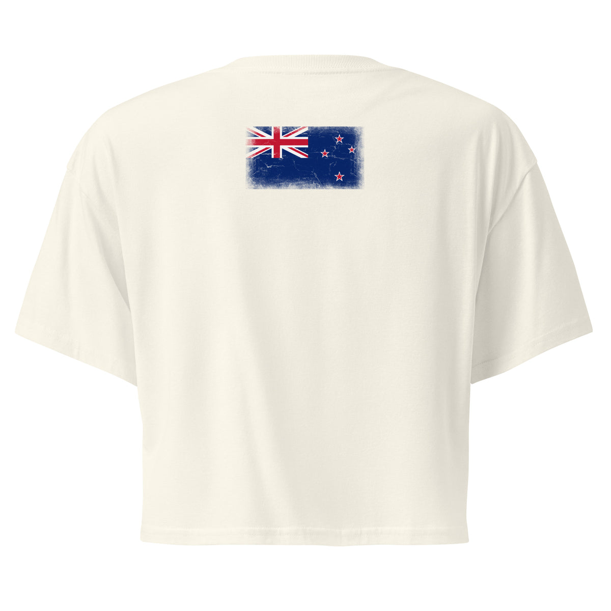 New Zealand flag crop top in Natural, vintage-washed print, flag across the upper back, women cut, back view