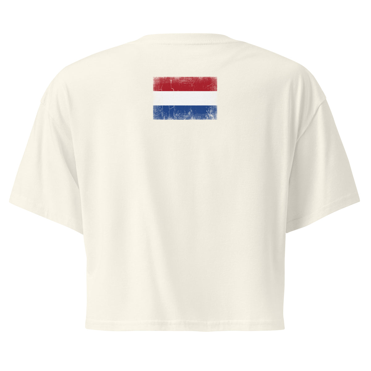 Netherlands flag crop top in Natural, vintage-washed print, flag across the upper back, women cut, back view