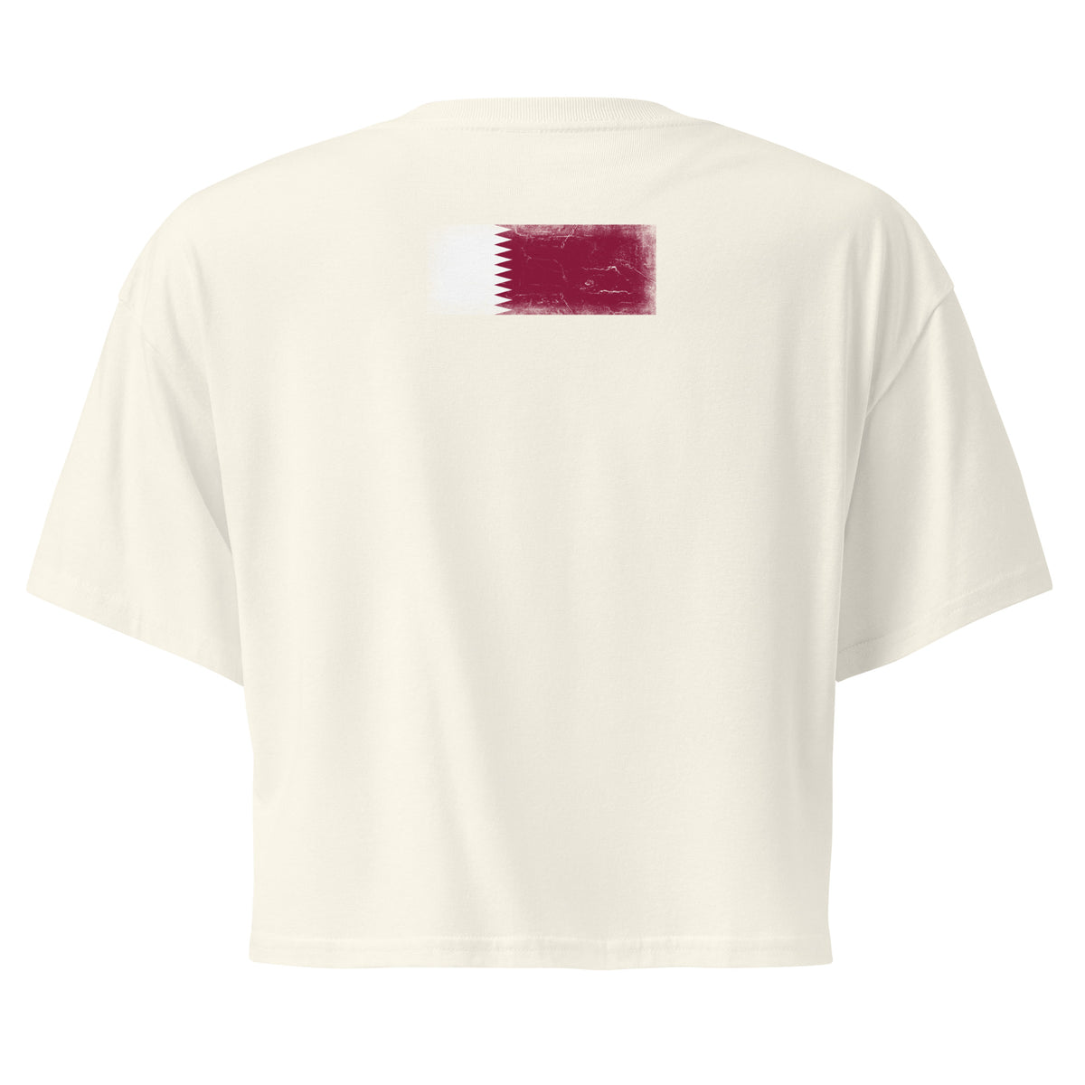 Qatar flag crop top in Natural, vintage-washed print, flag across the upper back, women cut, back view