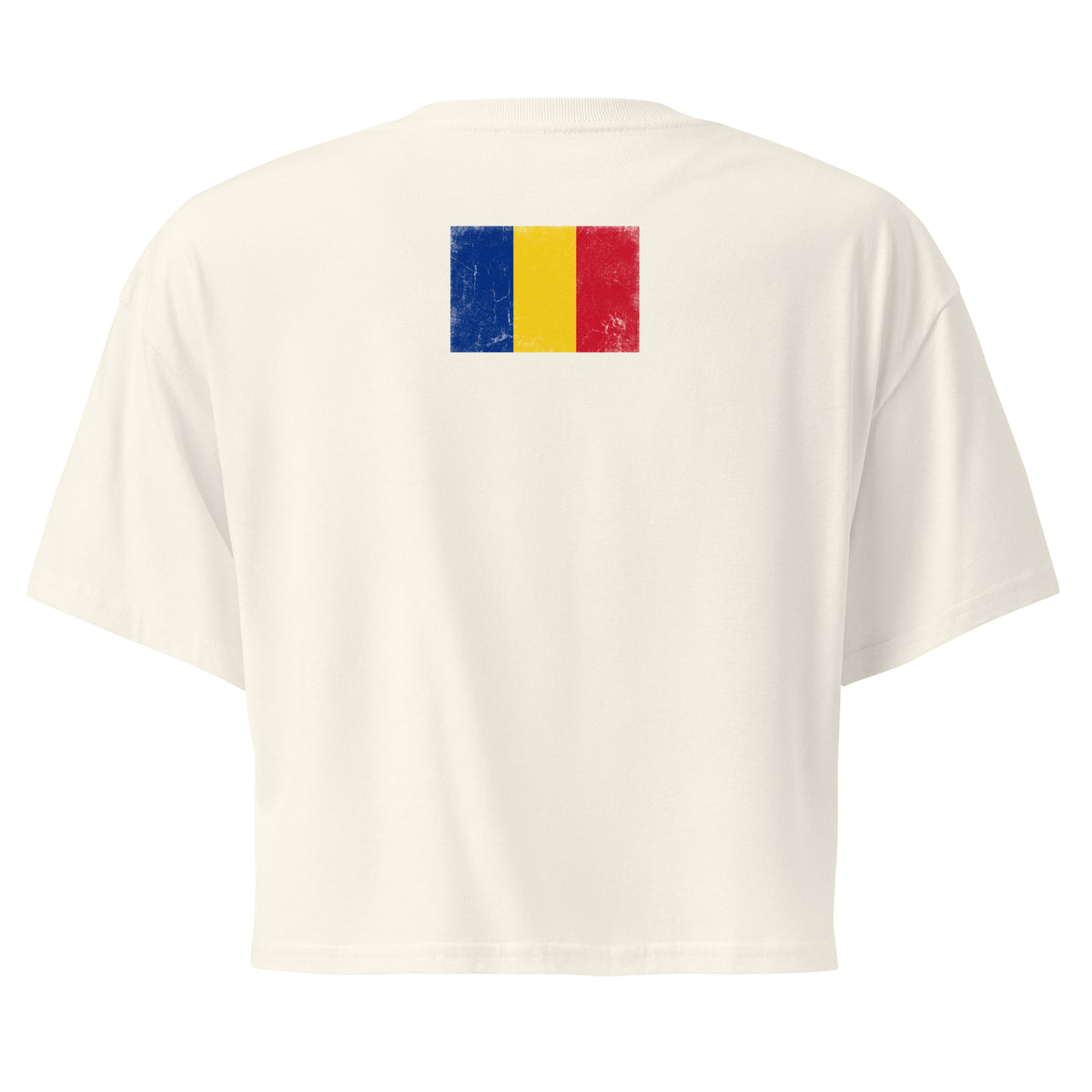 Romania flag crop top in Natural, vintage-washed print, flag across the upper back, women cut, back view