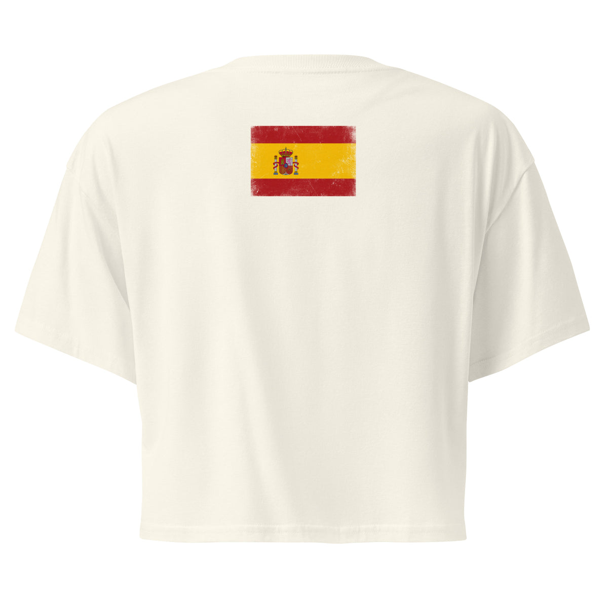 Spain flag crop top in Natural, vintage-washed print, flag across the upper back, women cut, back view