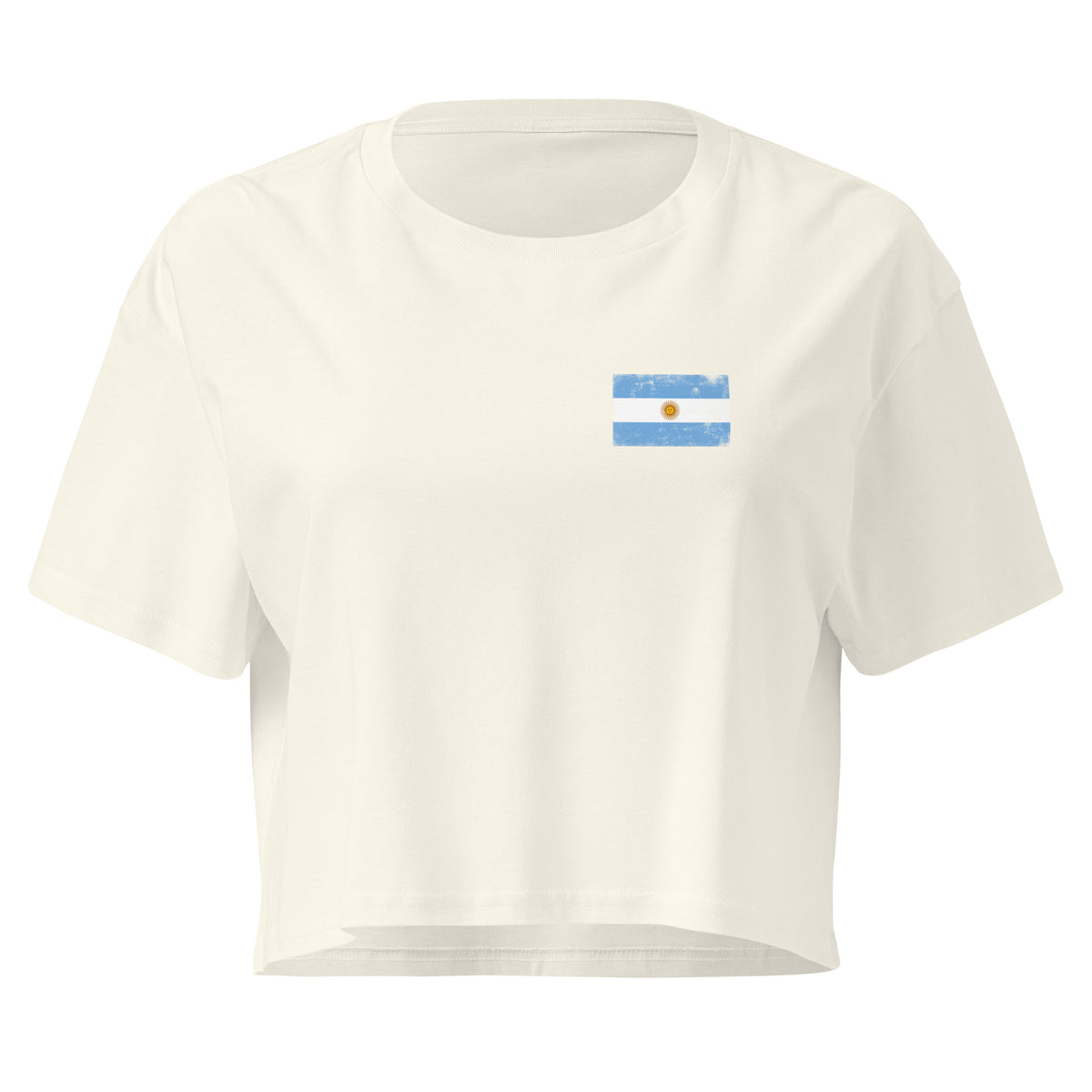 Argentina flag crop top in Natural, vintage-washed print, small flag on the left chest, women cut, front view