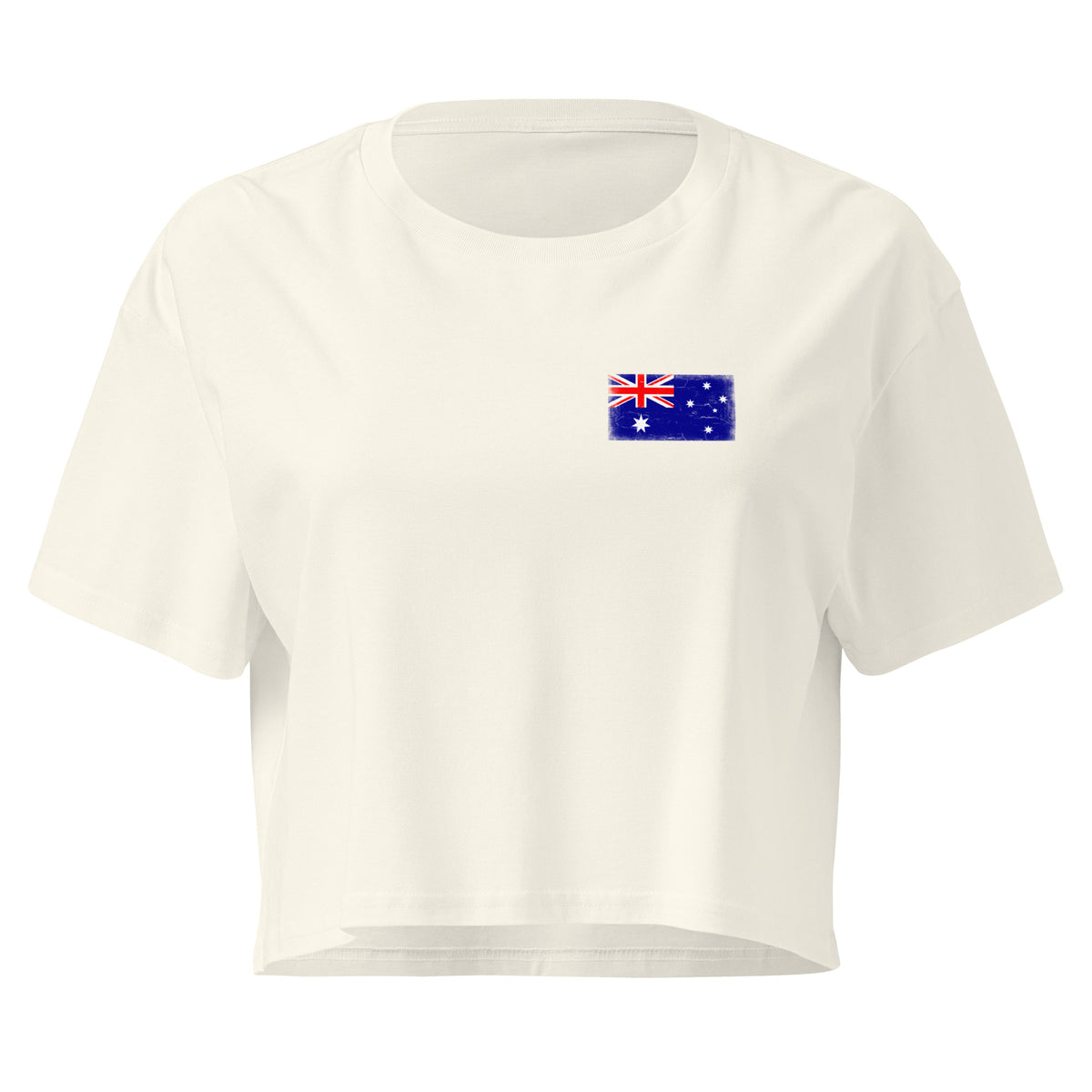 Australia flag crop top in Natural, vintage-washed print, small flag on the left chest, women cut, front view