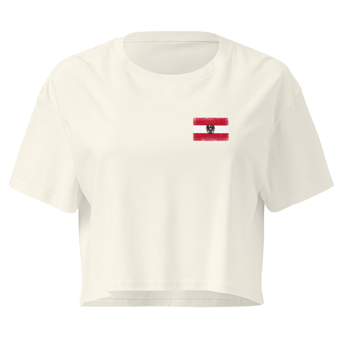 Austria flag crop top in Natural, vintage-washed print, small flag on the left chest, women cut, front view