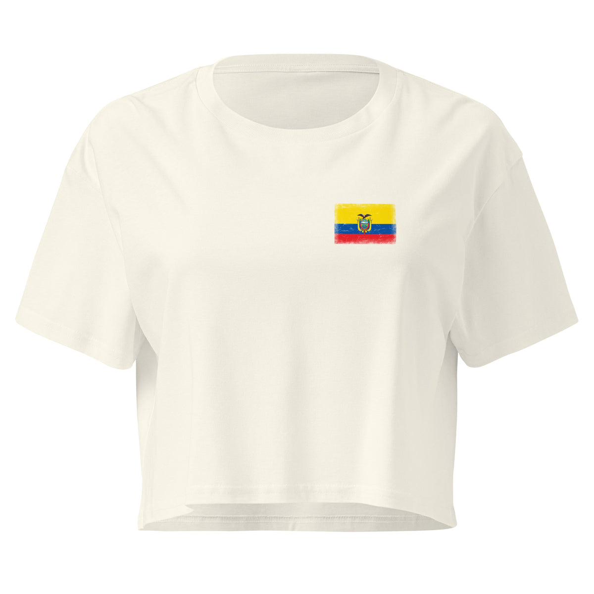 Ecuador flag crop top in Natural, vintage-washed print, small flag on the left chest, women cut, front view