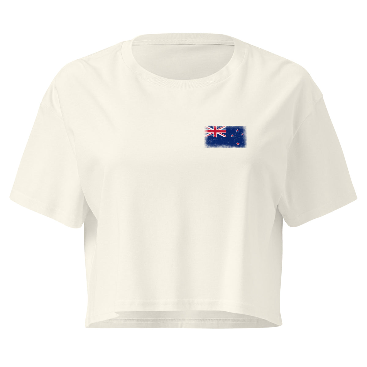 New Zealand flag crop top in Natural, vintage-washed print, small flag on the left chest, women cut, front view