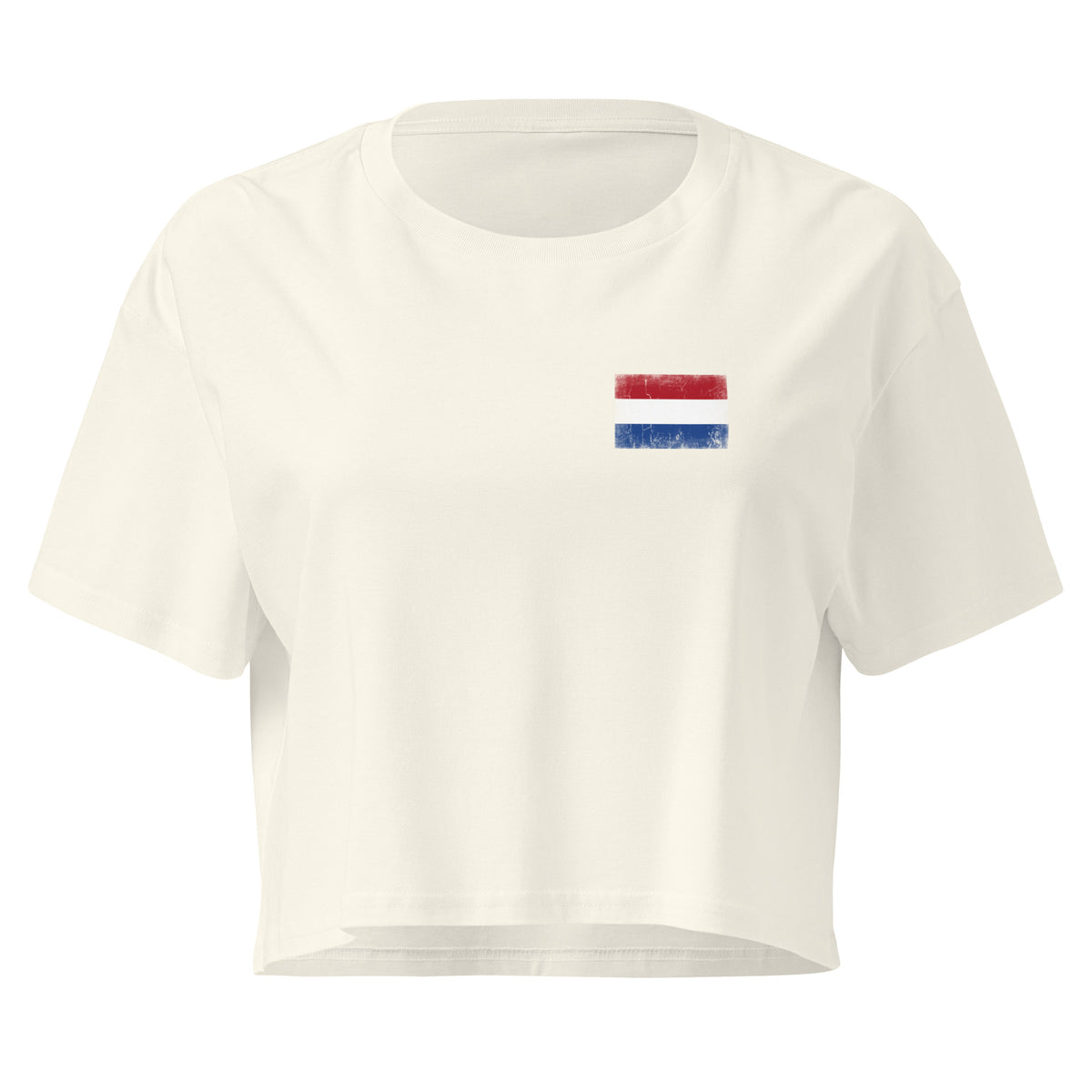 Netherlands flag crop top in Natural, vintage-washed print, small flag on the left chest, women cut, front view