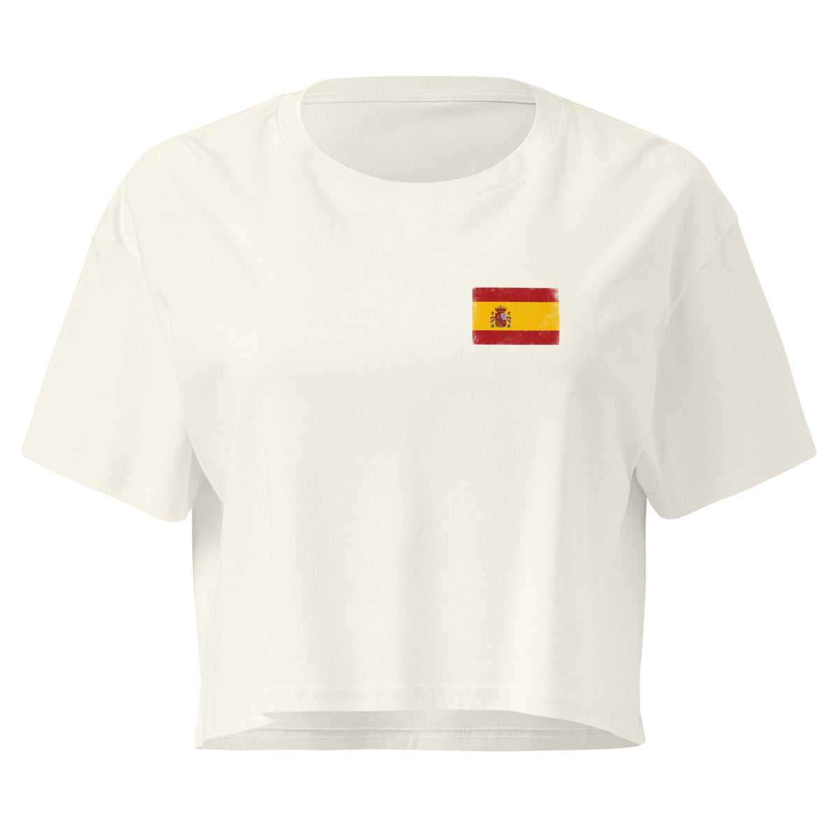 Spain flag crop top in Natural, vintage-washed print, small flag on the left chest, women cut, front view