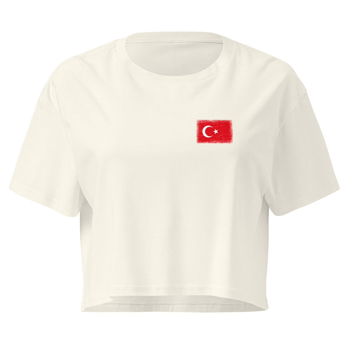 Turkey flag crop top in Natural, vintage-washed print, small flag on the left chest, women cut, front view