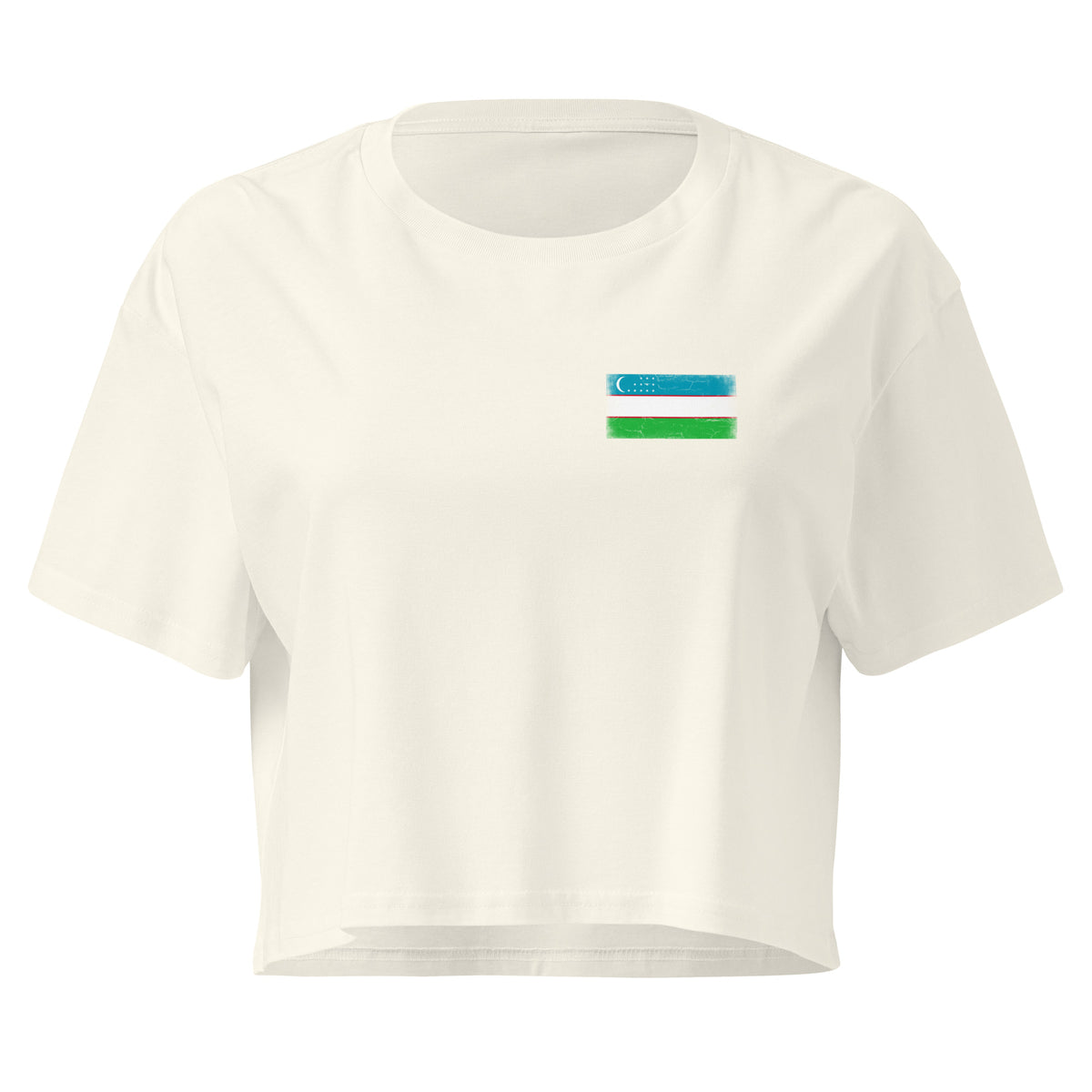 Uzbekistan flag crop top in Natural, vintage-washed print, small flag on the left chest, women cut, front view