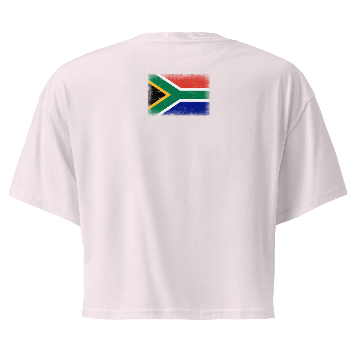 South Africa flag crop top in Orchid, vintage-washed print, flag across the upper back, women cut, back view