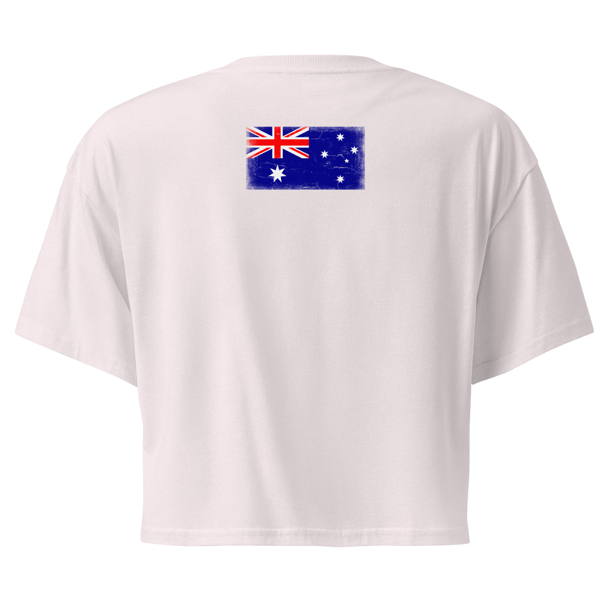 Australia flag crop top in Orchid, vintage-washed print, flag across the upper back, women cut, back view