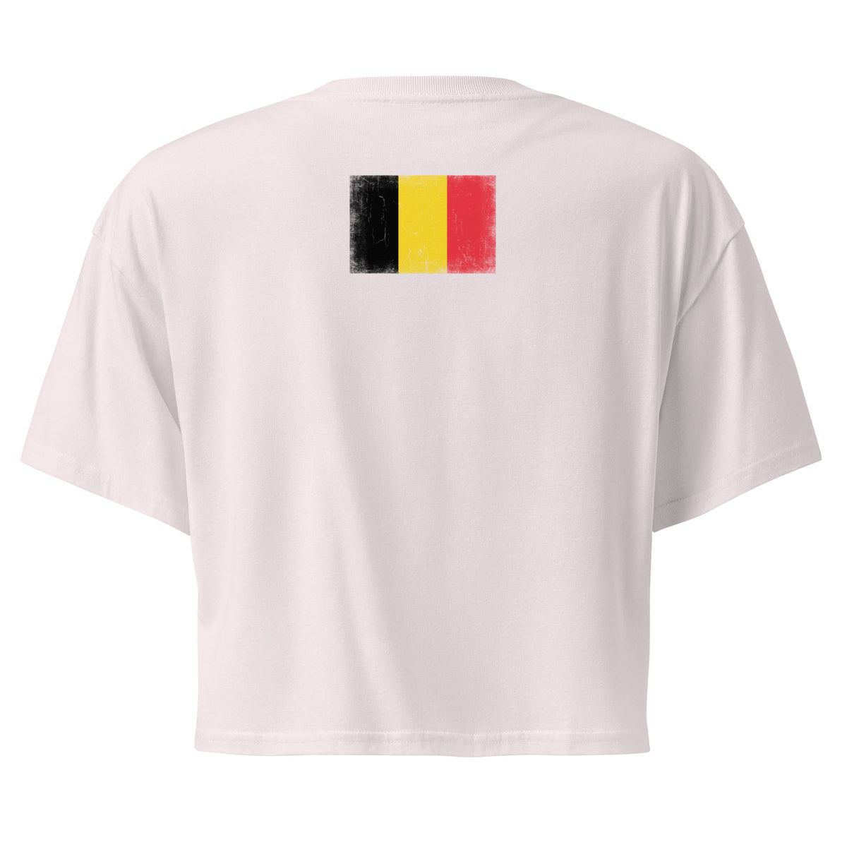 Belgium flag crop top in Orchid, vintage-washed print, flag across the upper back, women cut, back view